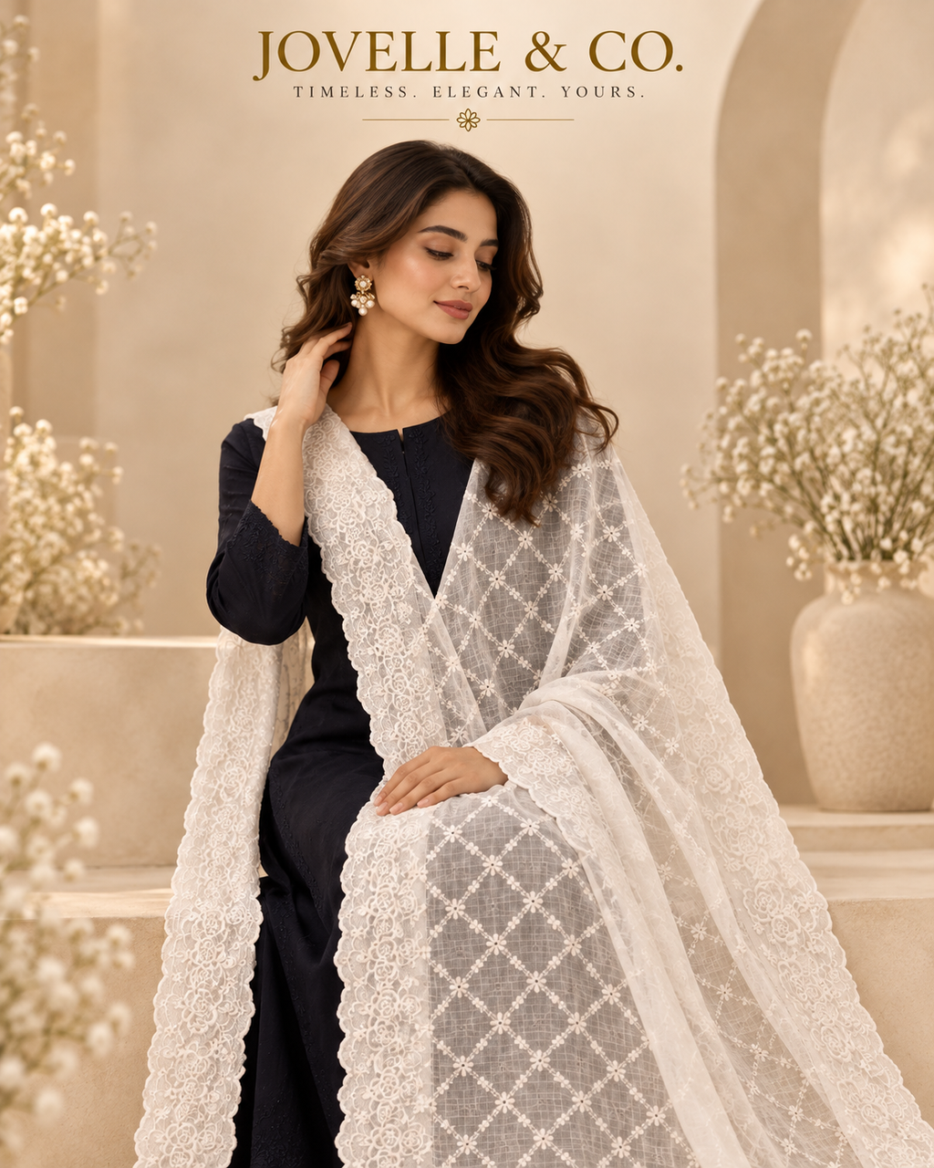 White Embroidered Dupatta – Floral Scalloped Border - Cotta