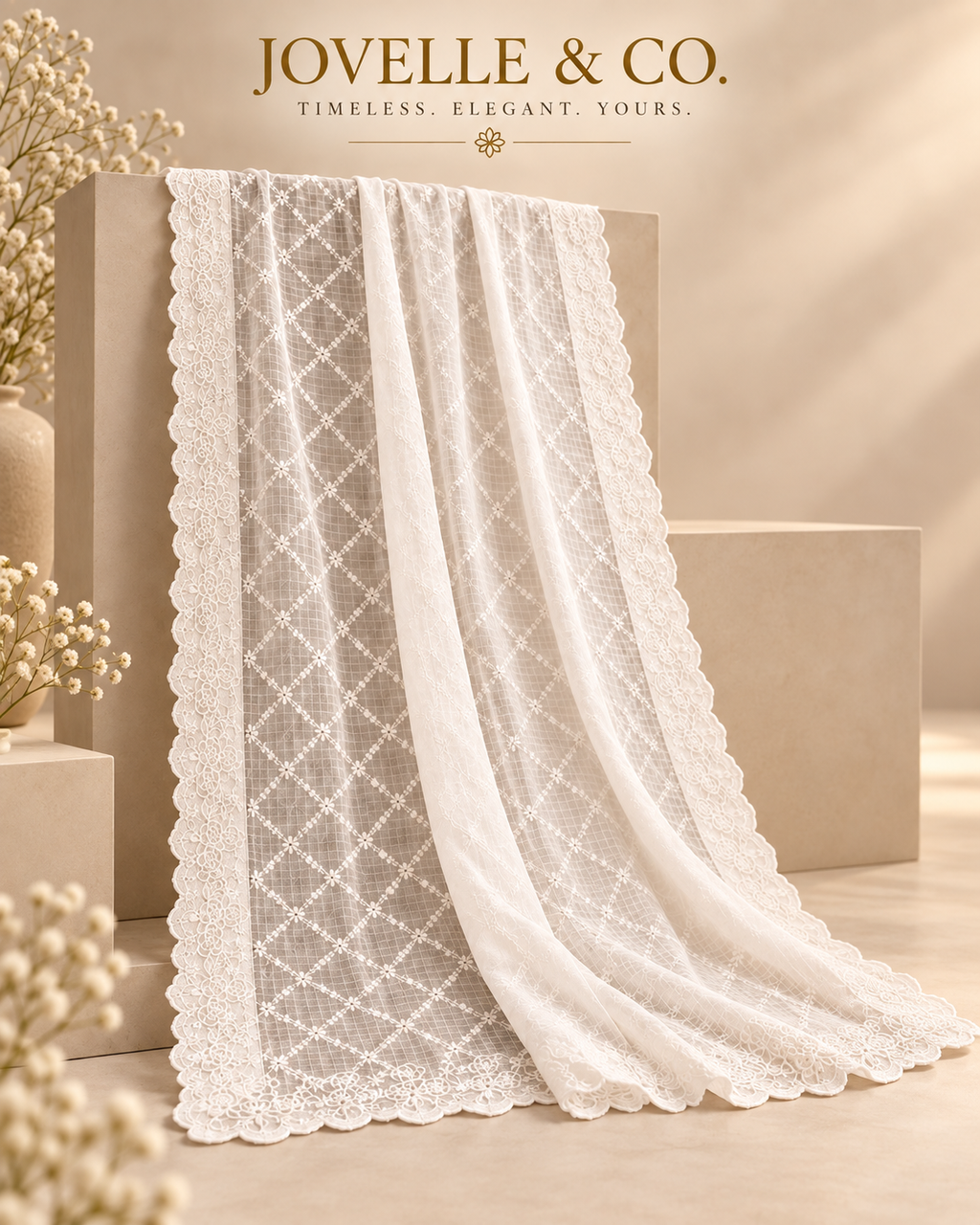 White Embroidered Dupatta – Floral Scalloped Border - Cotta