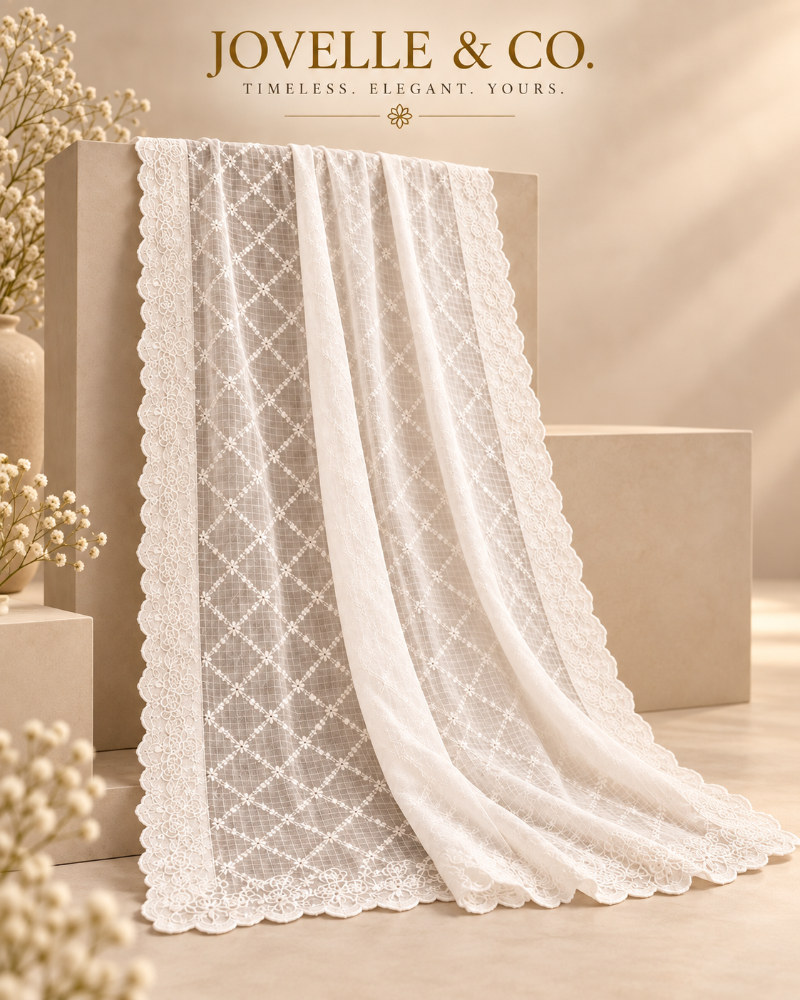 White Embroidered Dupatta – Floral Scalloped Border - Cotta
