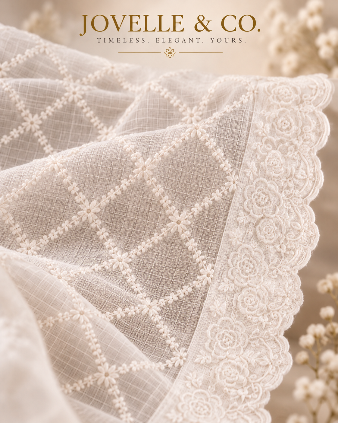 White Embroidered Dupatta – Floral Scalloped Border - Cotta