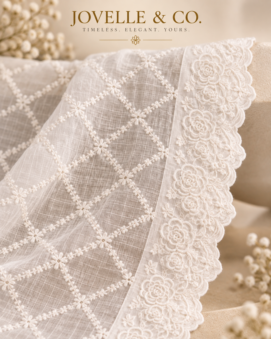 White Embroidered Dupatta – Floral Scalloped Border - Cotta