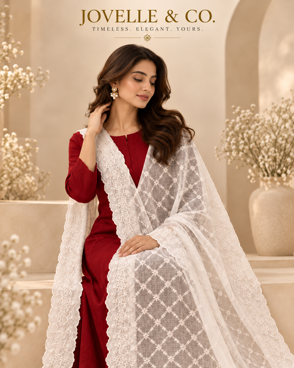 White Cotton Embroidered Dupatta – Floral Scalloped Border, Cotton