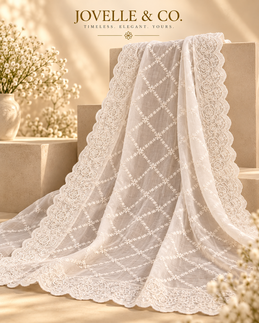 White Cotton Embroidered Dupatta – Floral Scalloped Border, Cotton