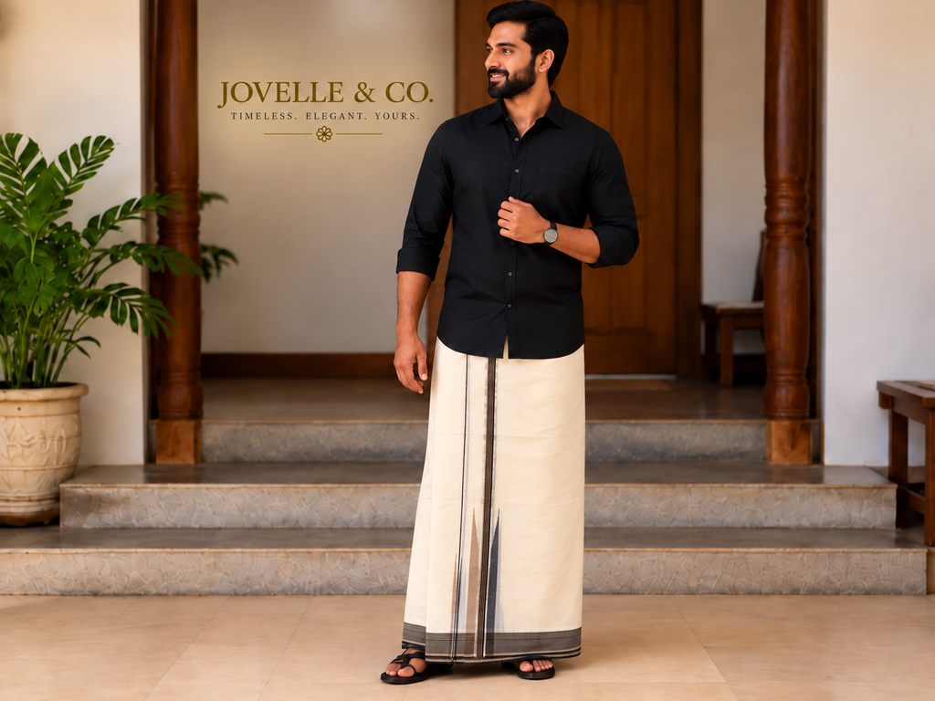Men’s Chutti Kara Mundu – Off-White with Charcoal & Taupe Border