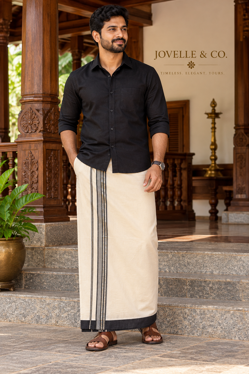 Traditional Kerala Mundu – Off White with Black Border & Silver Stripe Detailing