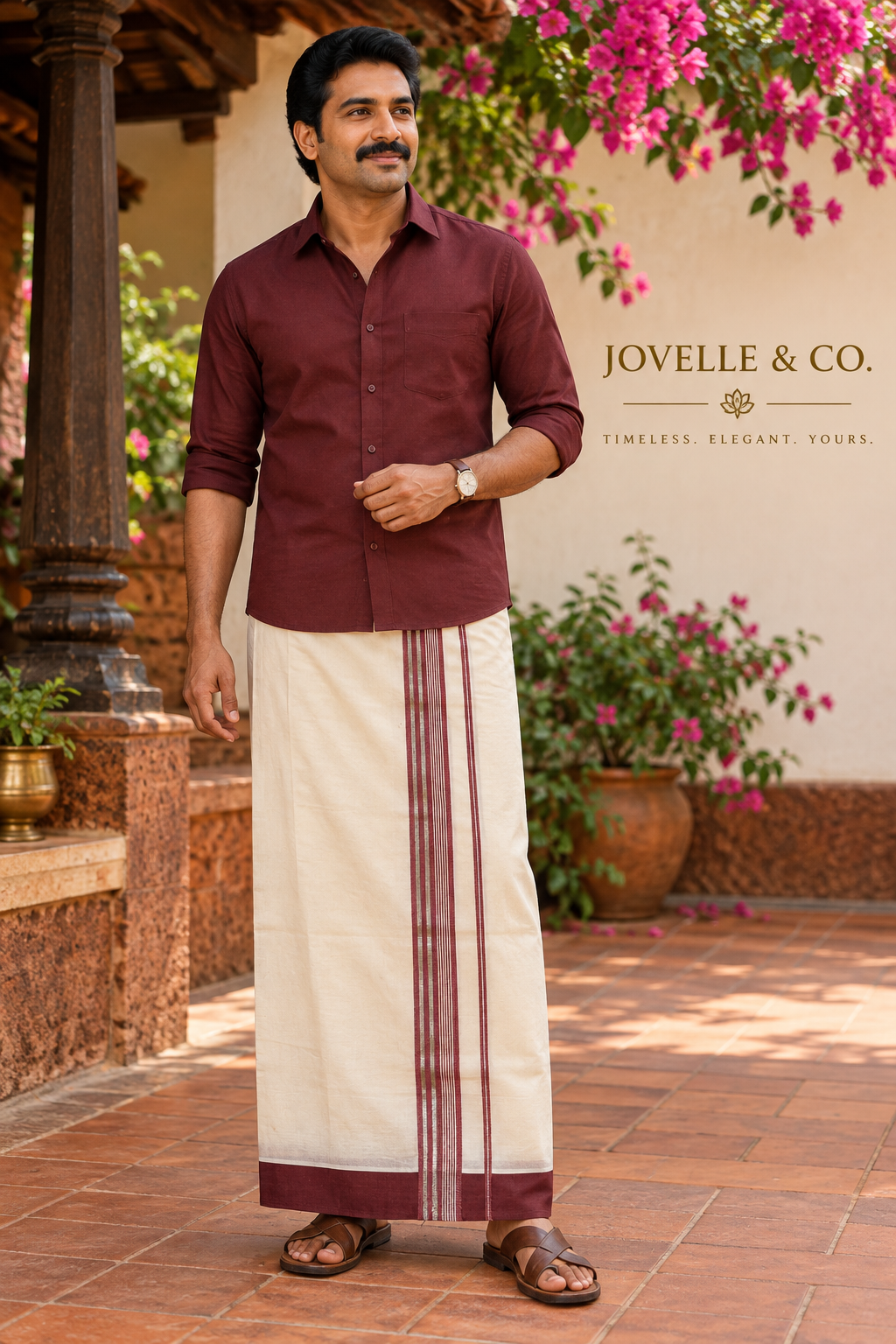 Traditional Kerala Mundu – Off White with Maroon Border