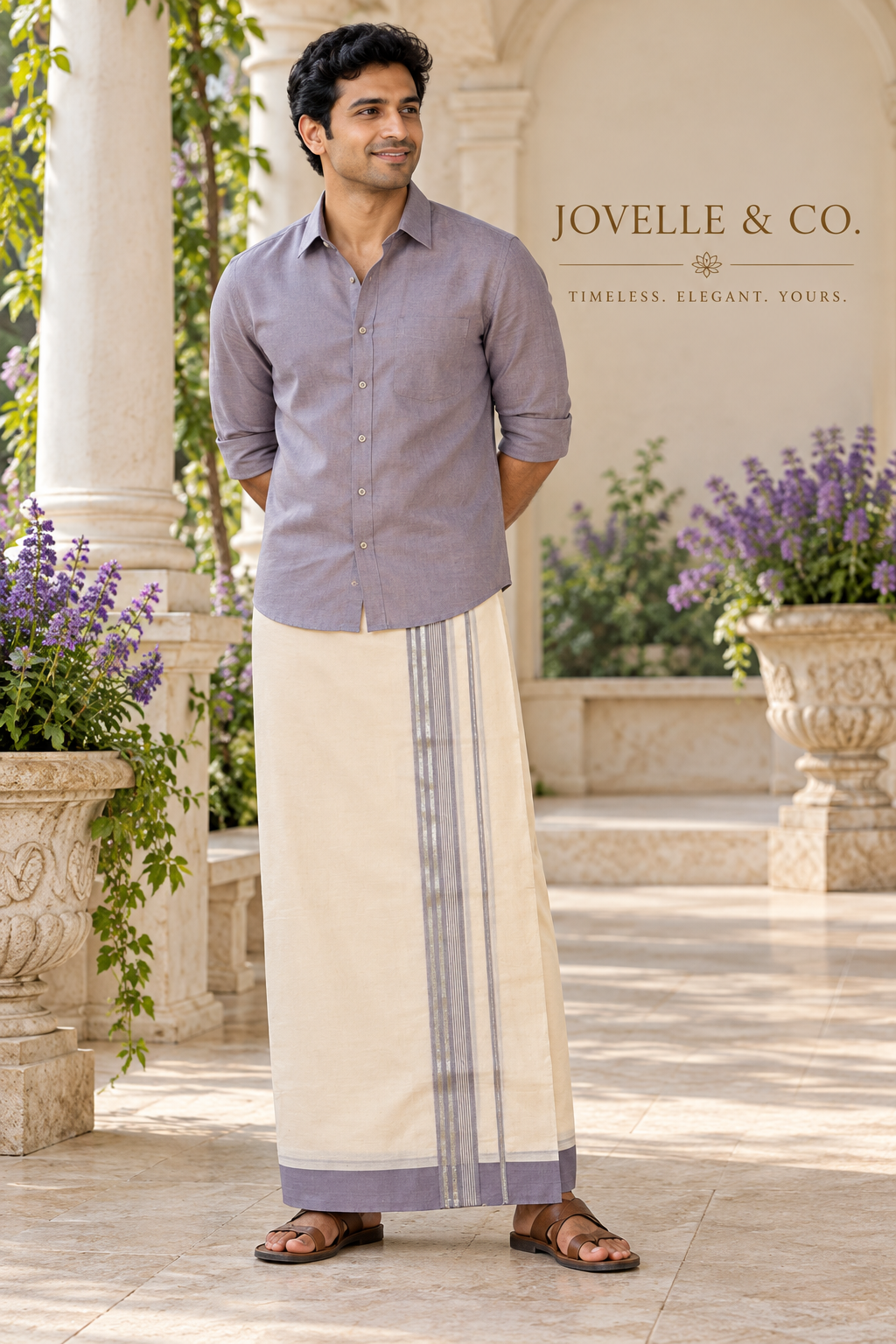 Traditional Kerala Mundu – Off White with Lavender Blue & Silver Stripe Border