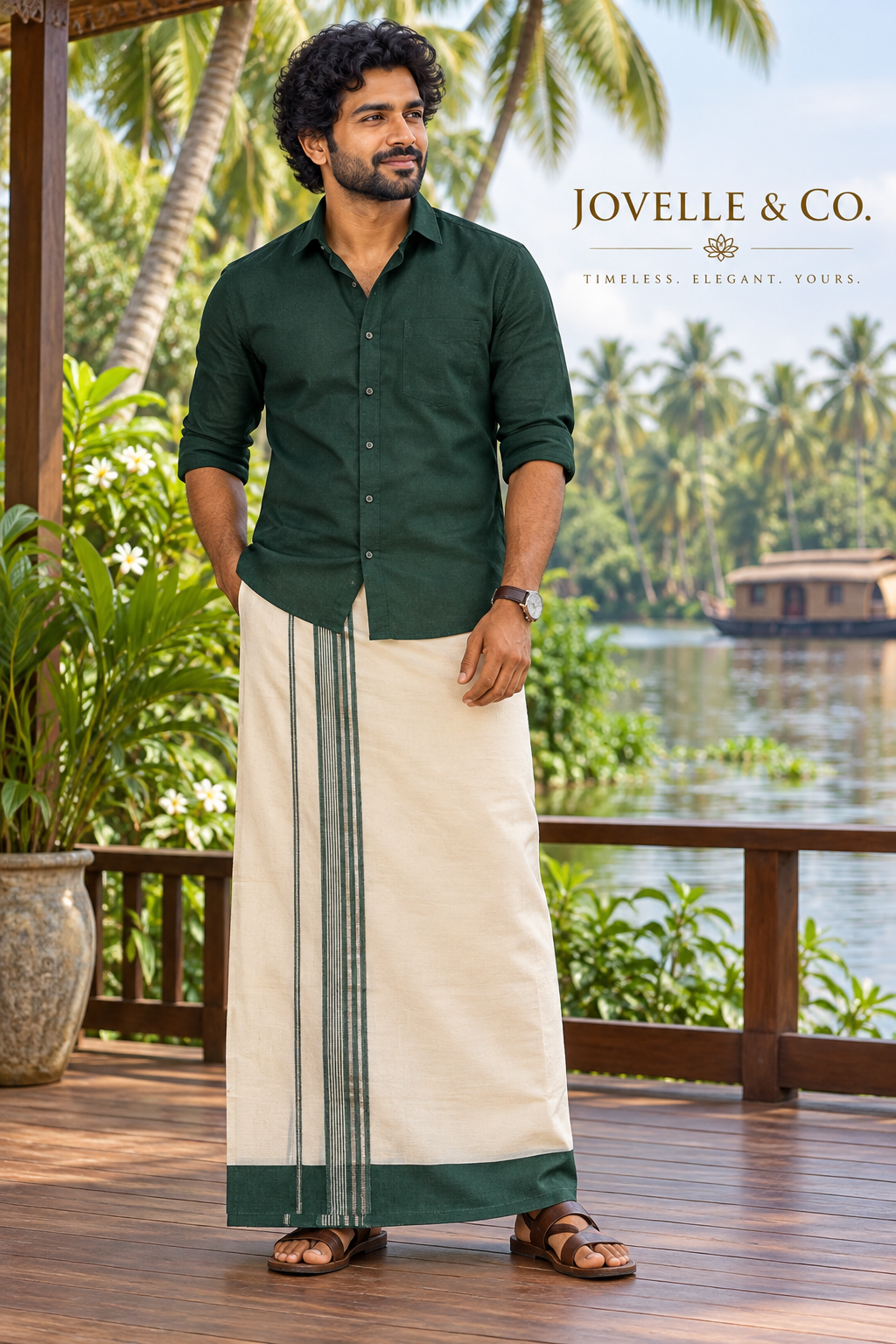 Traditional Kerala Mundu – Off White with Green Border