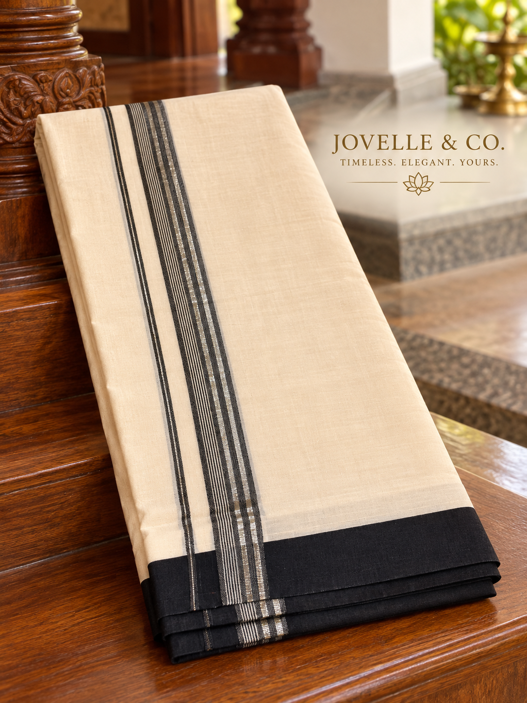 Traditional Kerala Mundu – Off White with Black Border & Silver Stripe Detailing