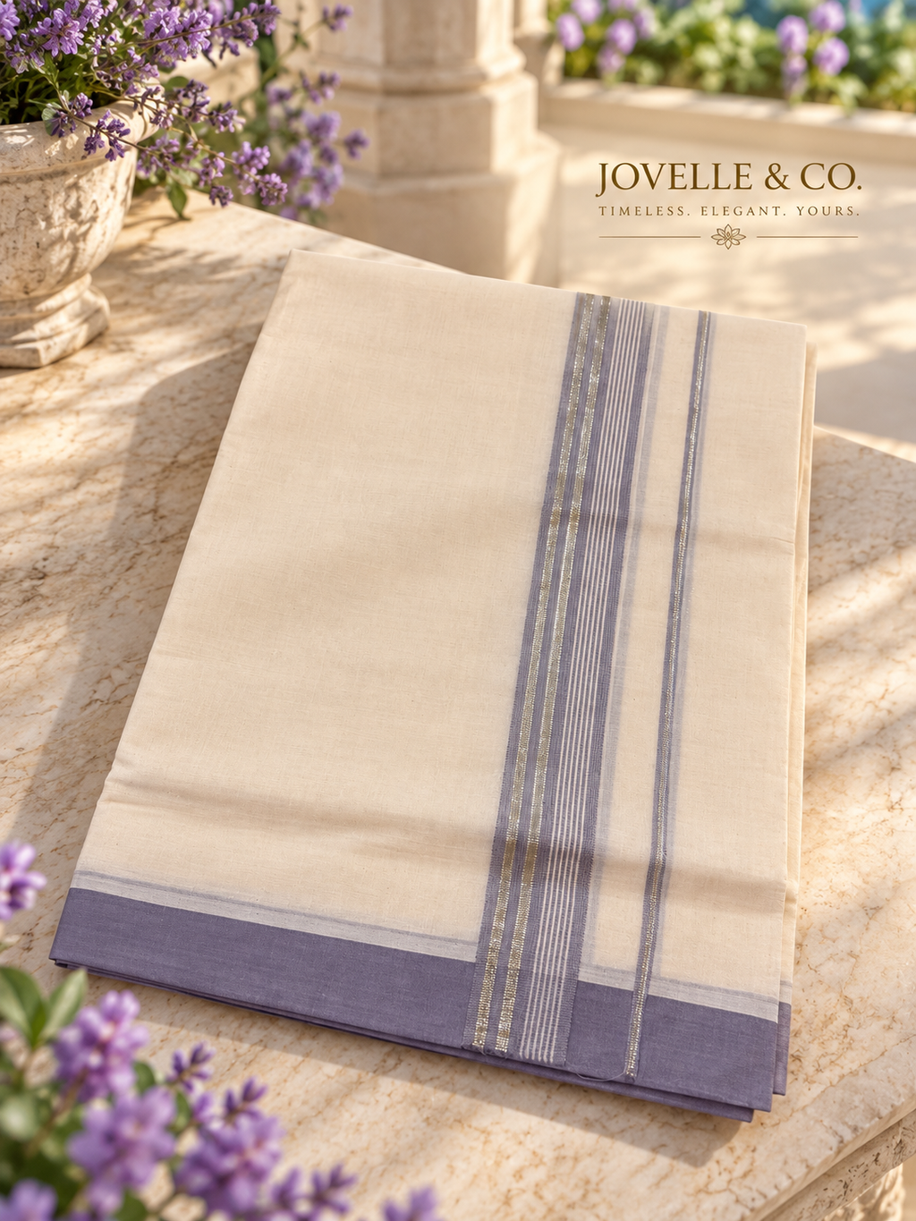 Traditional Kerala Mundu – Off White with Lavender Blue & Silver Stripe Border