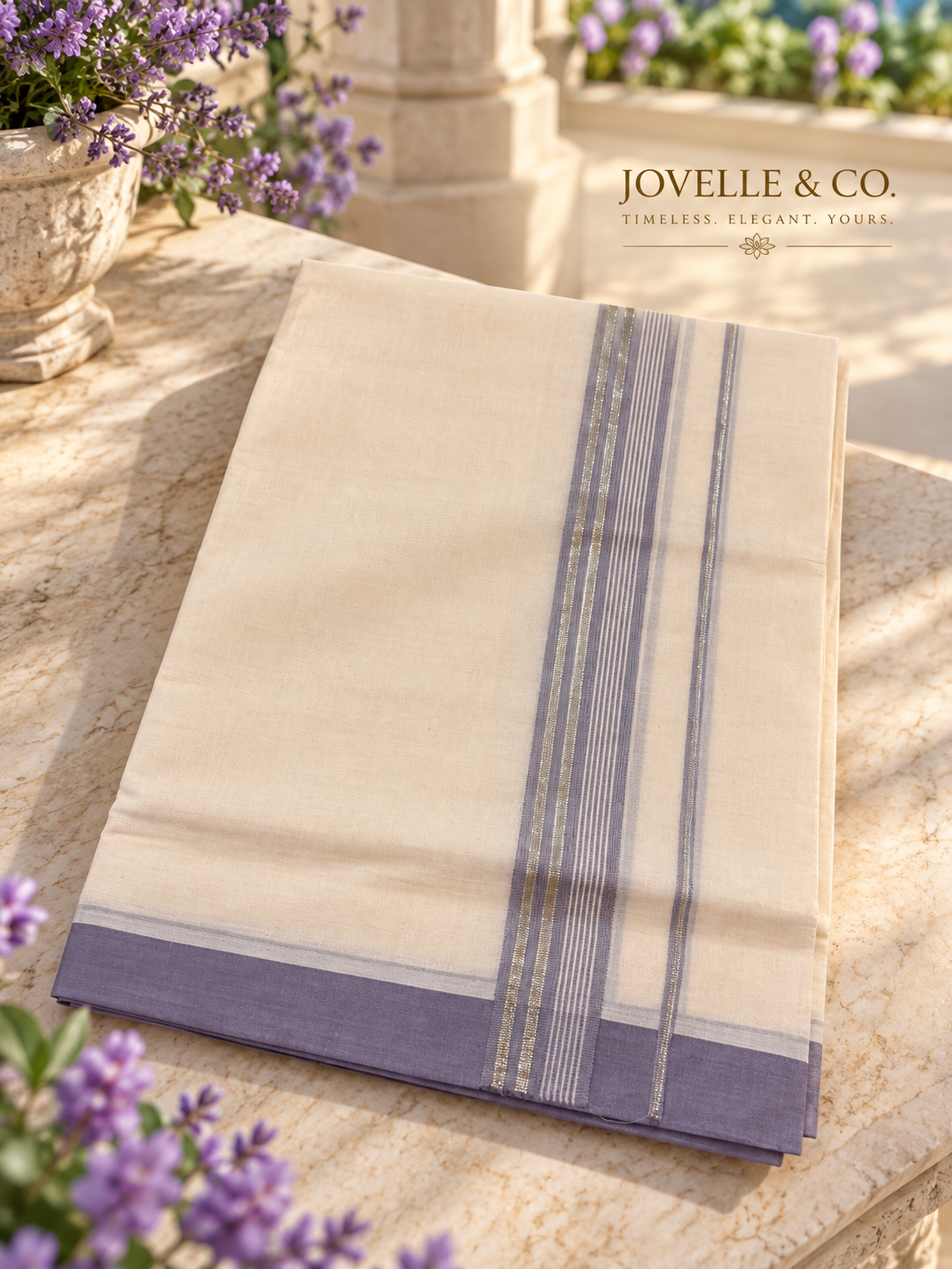Traditional Kerala Mundu – Off White with Lavender Blue & Silver Stripe Border