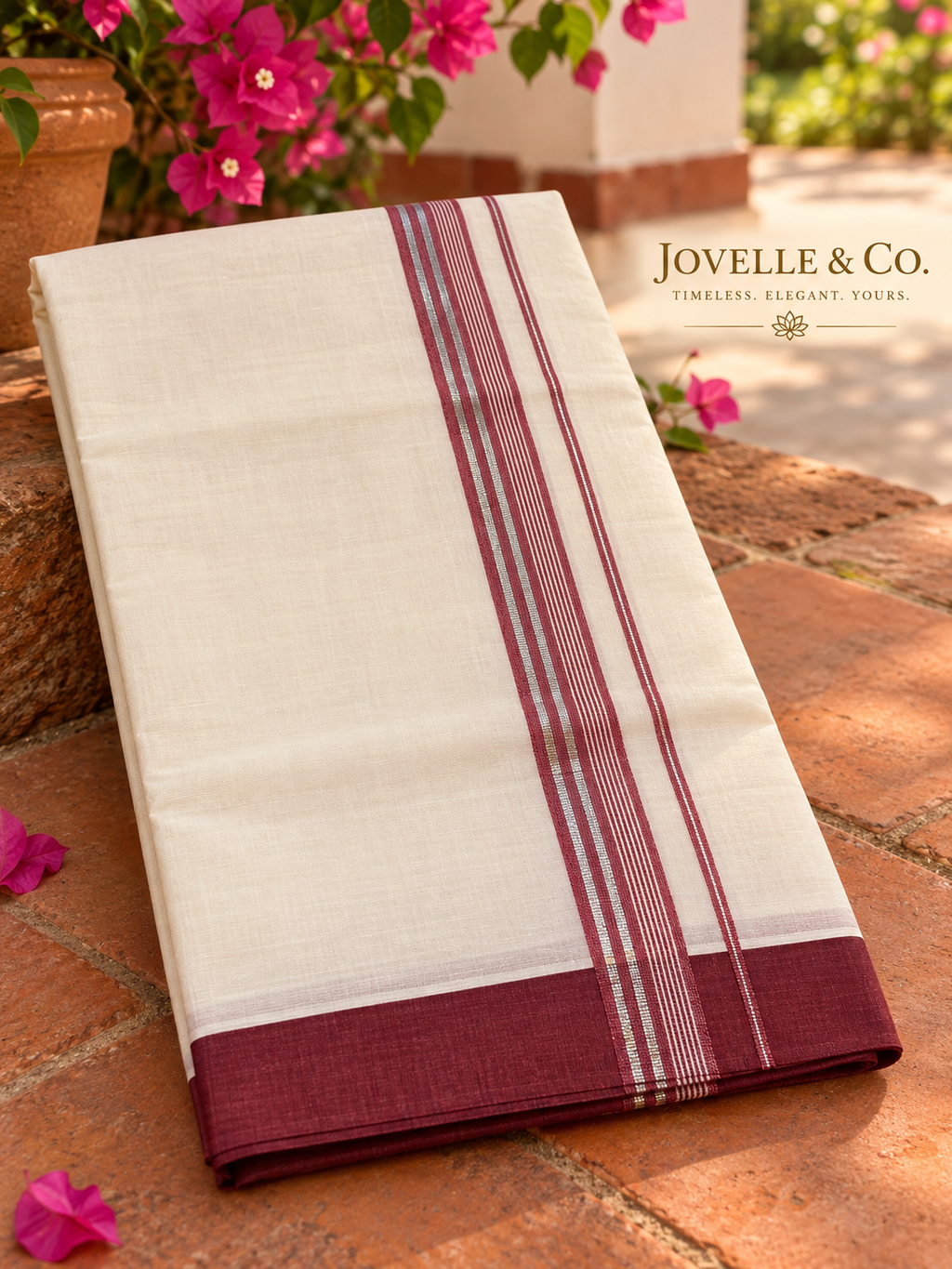 Traditional Kerala Mundu – Off White with Maroon Border