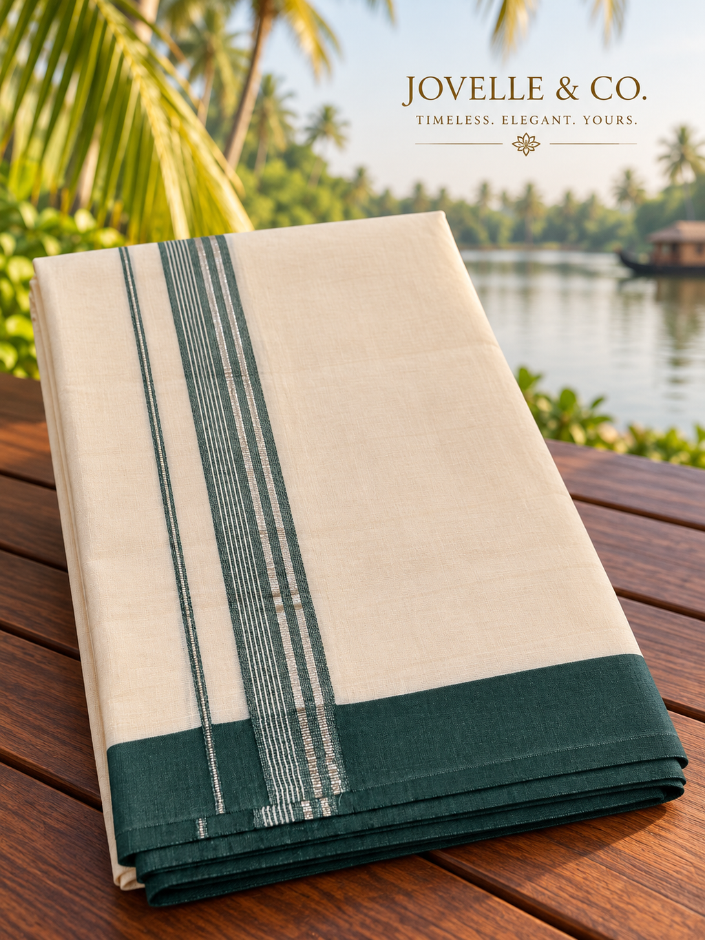 Traditional Kerala Mundu – Off White with Green Border