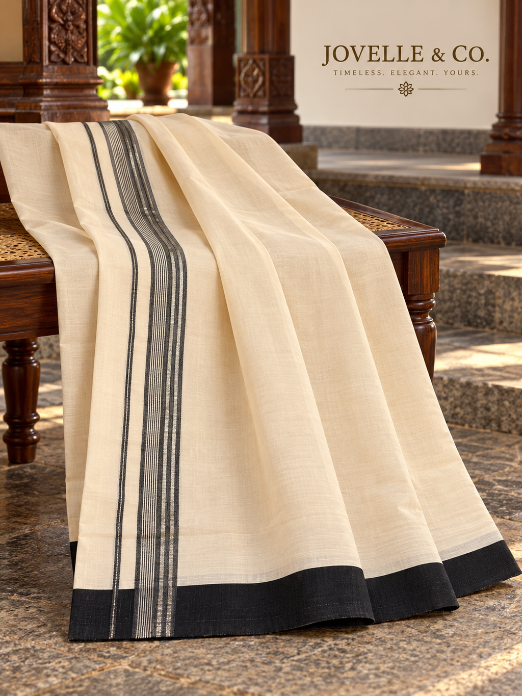 Traditional Kerala Mundu – Off White with Black Border & Silver Stripe Detailing