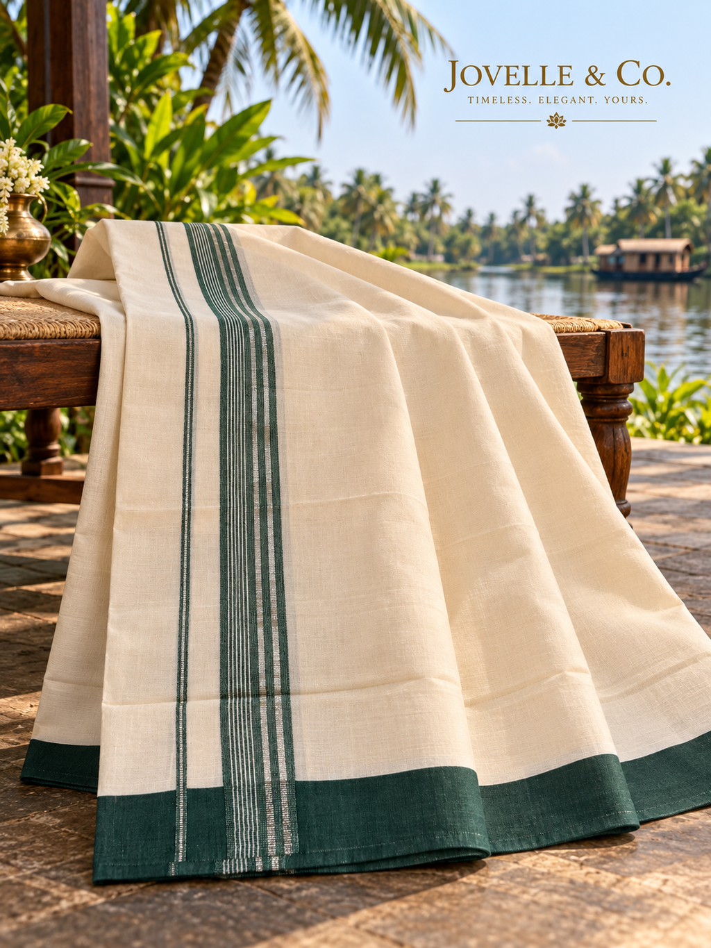 Traditional Kerala Mundu – Off White with Green Border