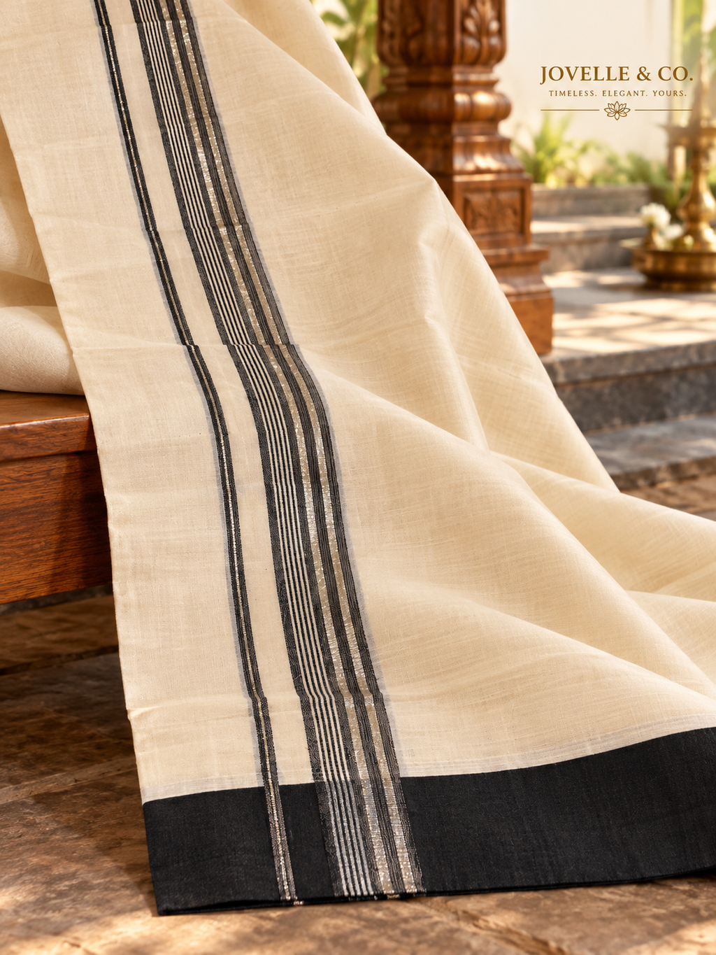 Traditional Kerala Mundu – Off White with Black Border & Silver Stripe Detailing
