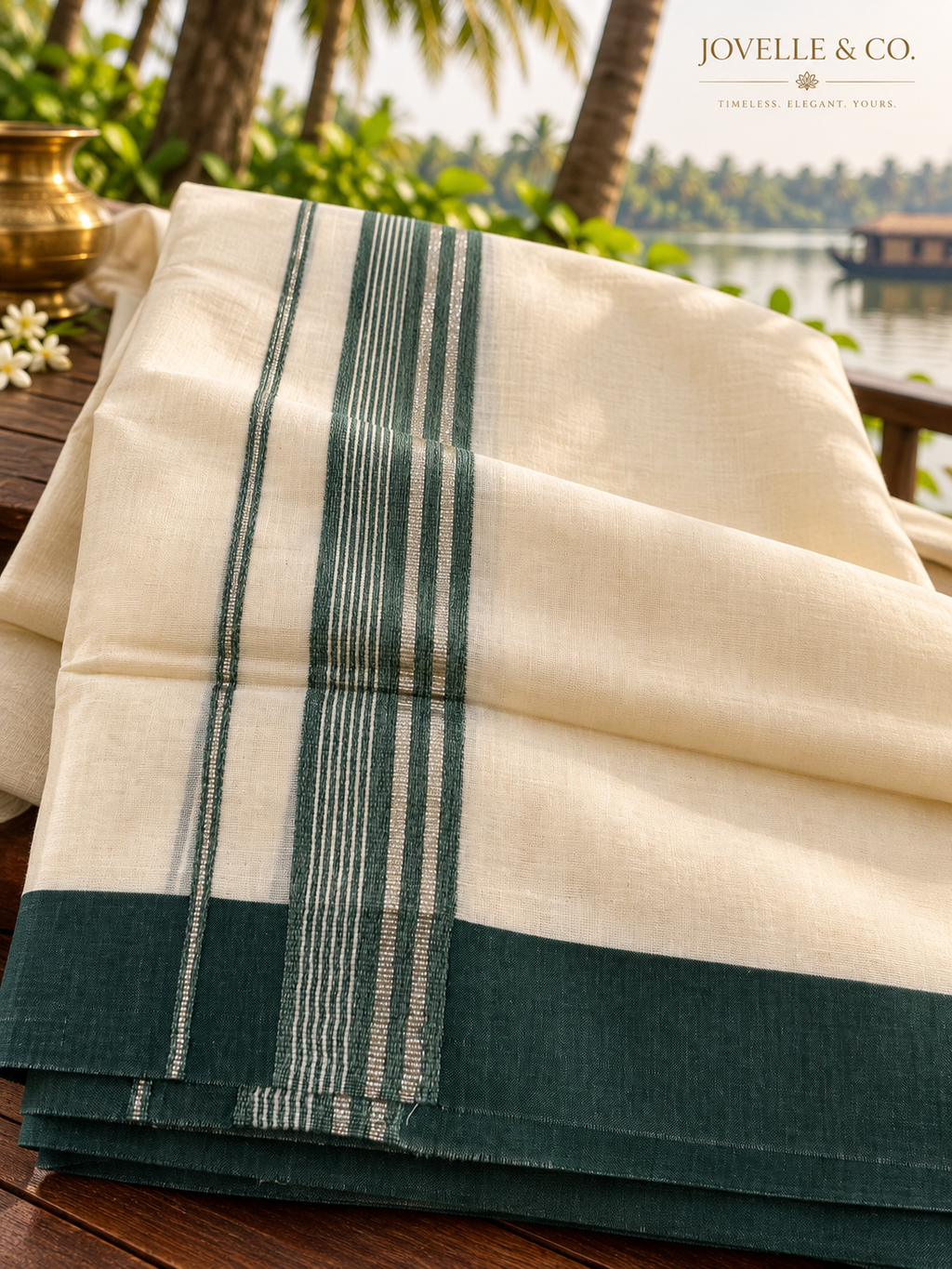 Traditional Kerala Mundu – Off White with Green Border