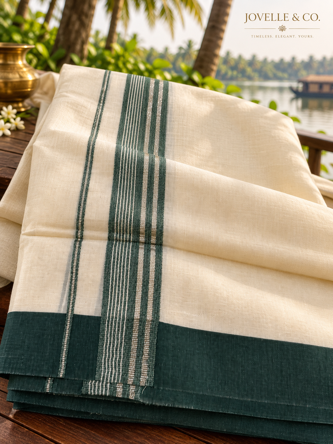 Traditional Kerala Mundu – Off White with Green Border