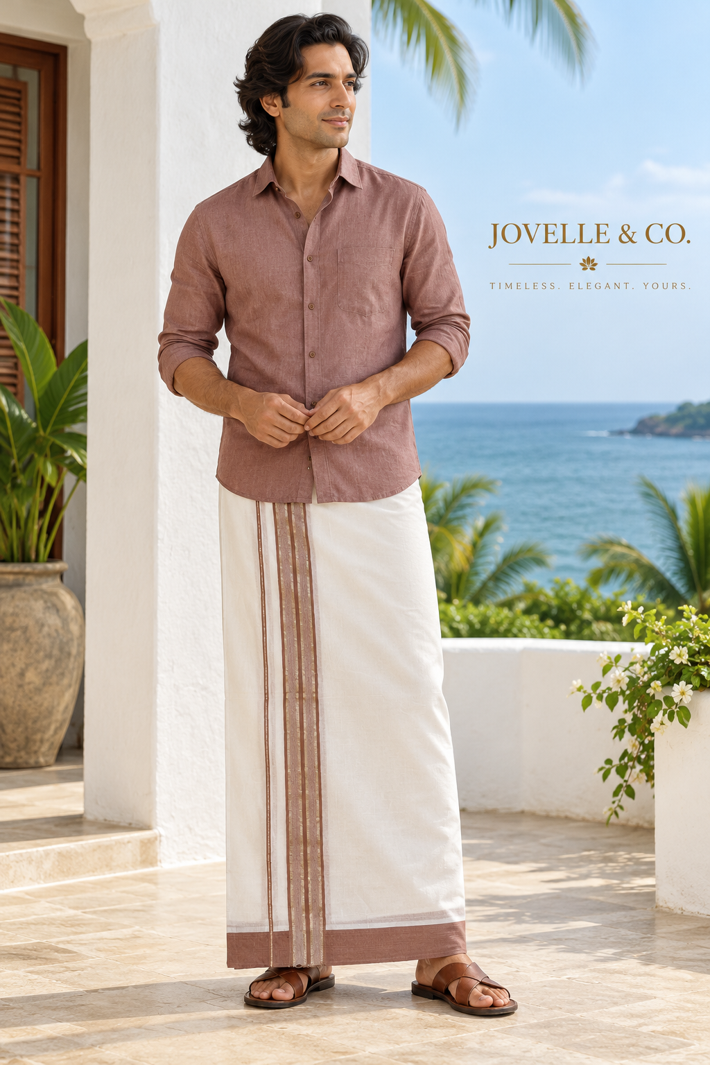 Traditional Kerala Mundu – Off-White with Rose-Brown Border