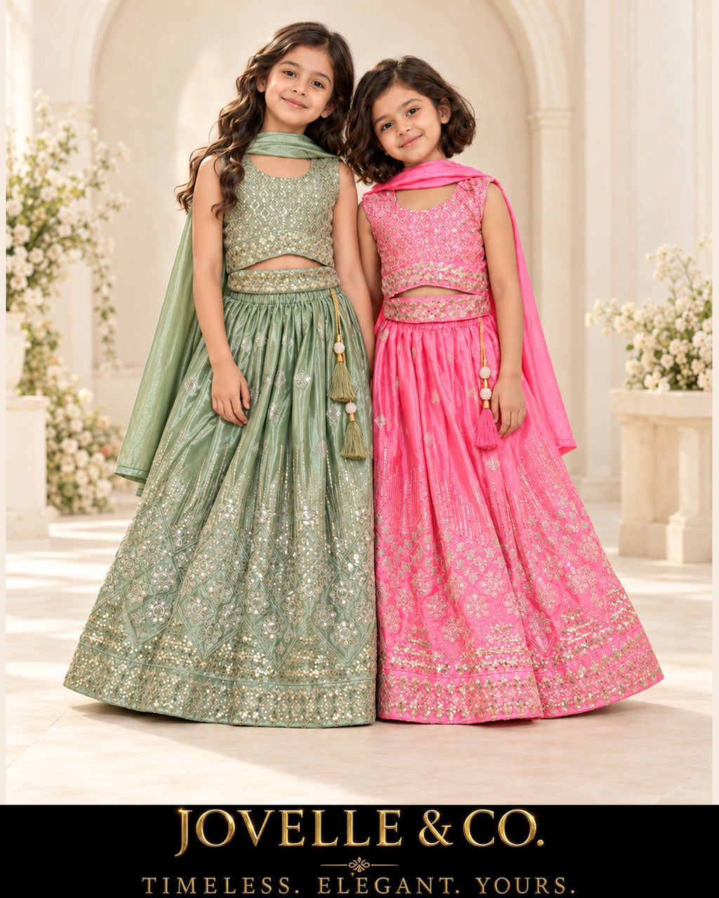 Girls’ Bright Pink Lehenga Choli Set with Gold Detailing & Dupatta