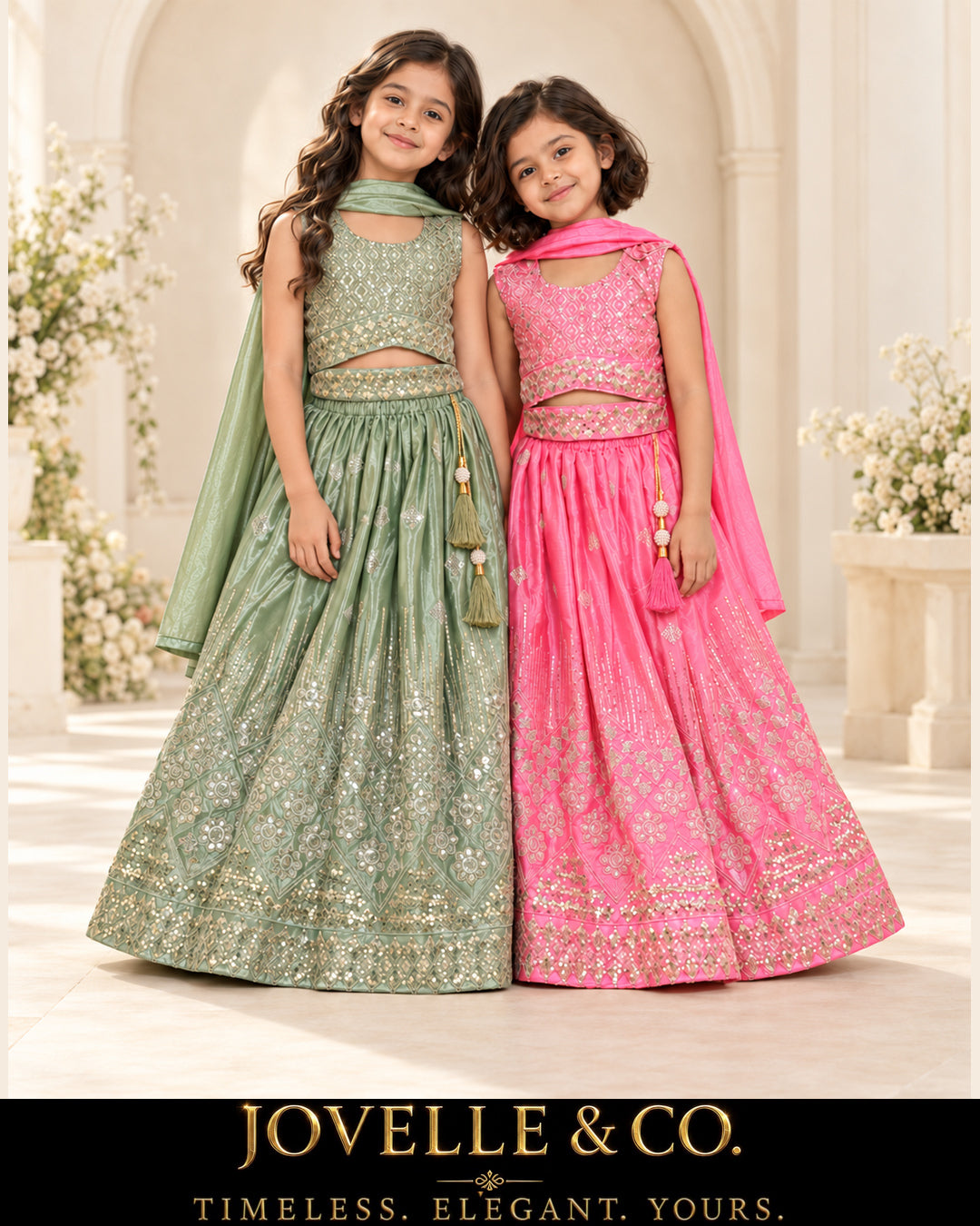 Girls’ Bright Pink Lehenga Choli Set with Gold Detailing & Dupatta