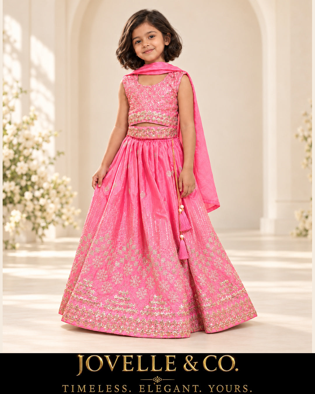 Girls’ Bright Pink Lehenga Choli Set with Gold Detailing & Dupatta