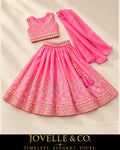 Girls’ Bright Pink Lehenga Choli Set with Gold Detailing & Dupatta