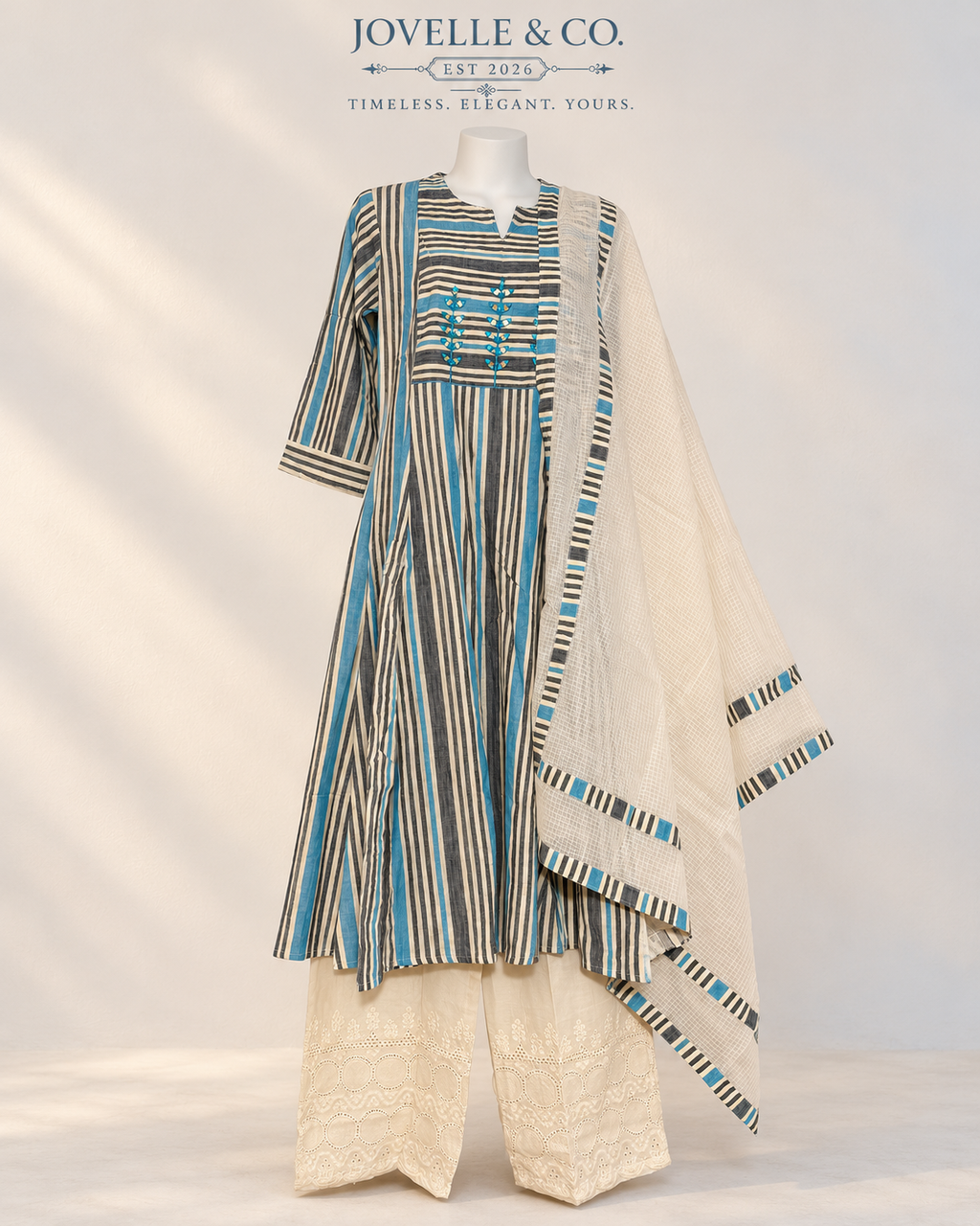 Sky Blue Striped Cotton Anarkali Set with Dupatta