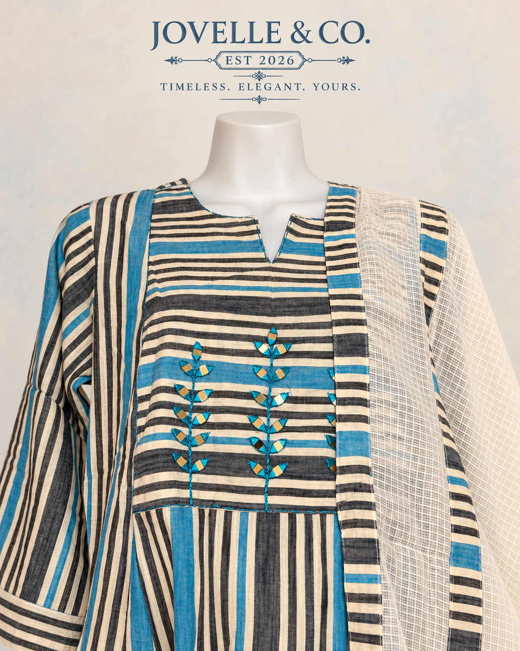 Sky Blue Striped Cotton Anarkali Set with Dupatta