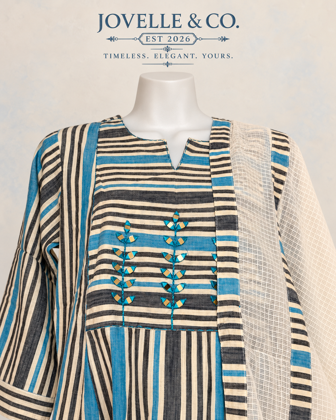 Sky Blue Striped Cotton Anarkali Set with Dupatta