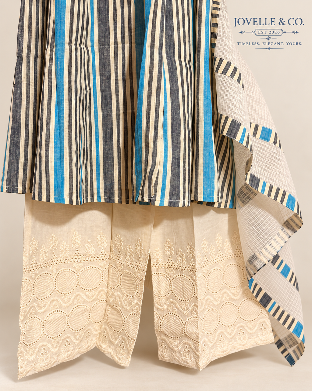 Sky Blue Striped Cotton Anarkali Set with Dupatta