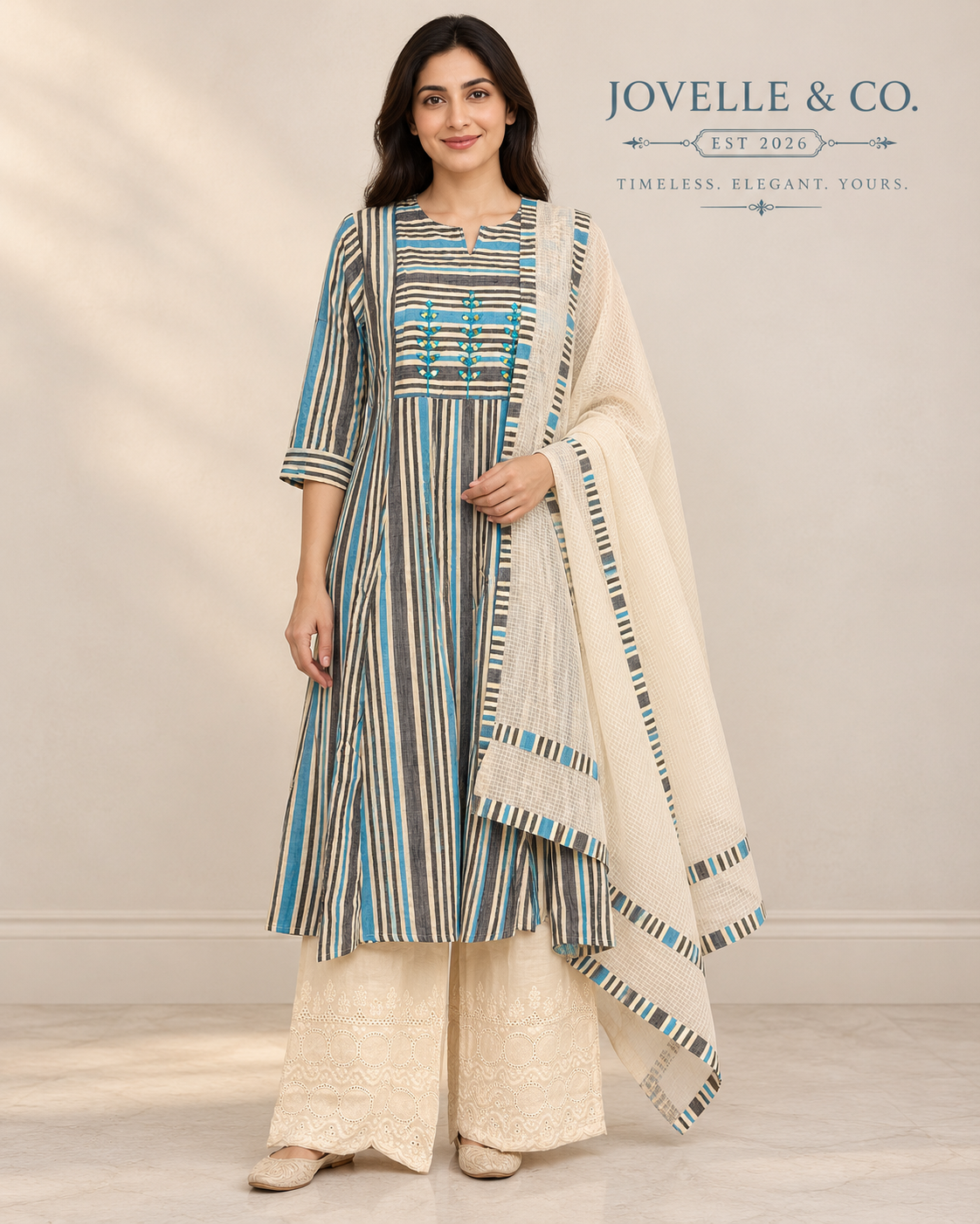 Sky Blue Striped Cotton Anarkali Set with Dupatta