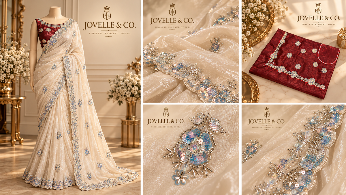 Ivory Fancy Space Silk Saree with Beadwork & Blouse Piece