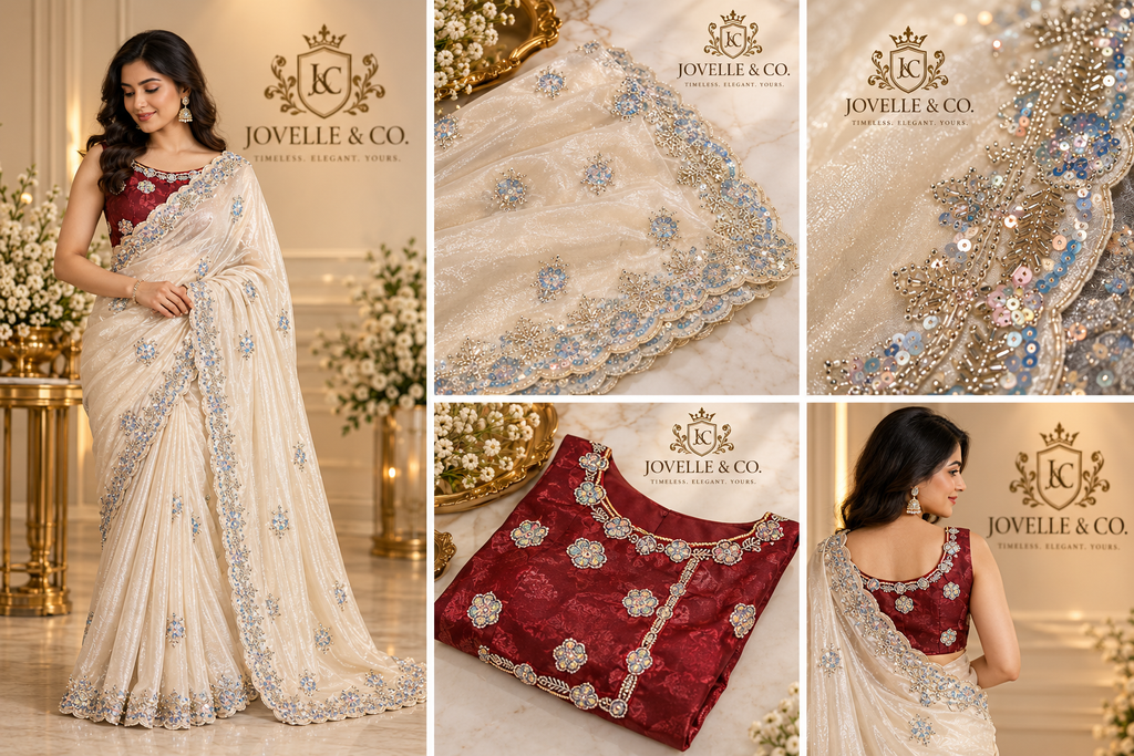 Ivory Fancy Space Silk Saree with Beadwork & Blouse Piece