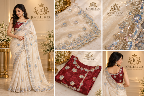 Ivory Fancy Space Silk Saree with Beadwork & Blouse Piece