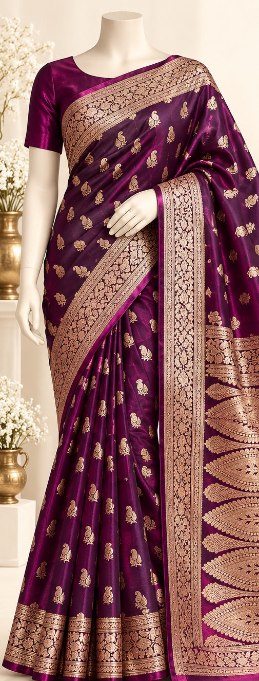 Dual Tone Wine Fancy Silk Saree – Golden Butta & Paisley Pallu