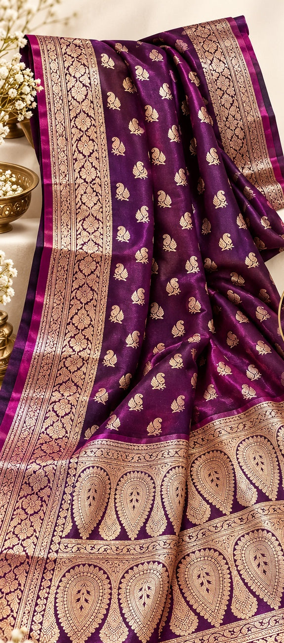 Dual Tone Wine Fancy Silk Saree – Golden Butta & Paisley Pallu