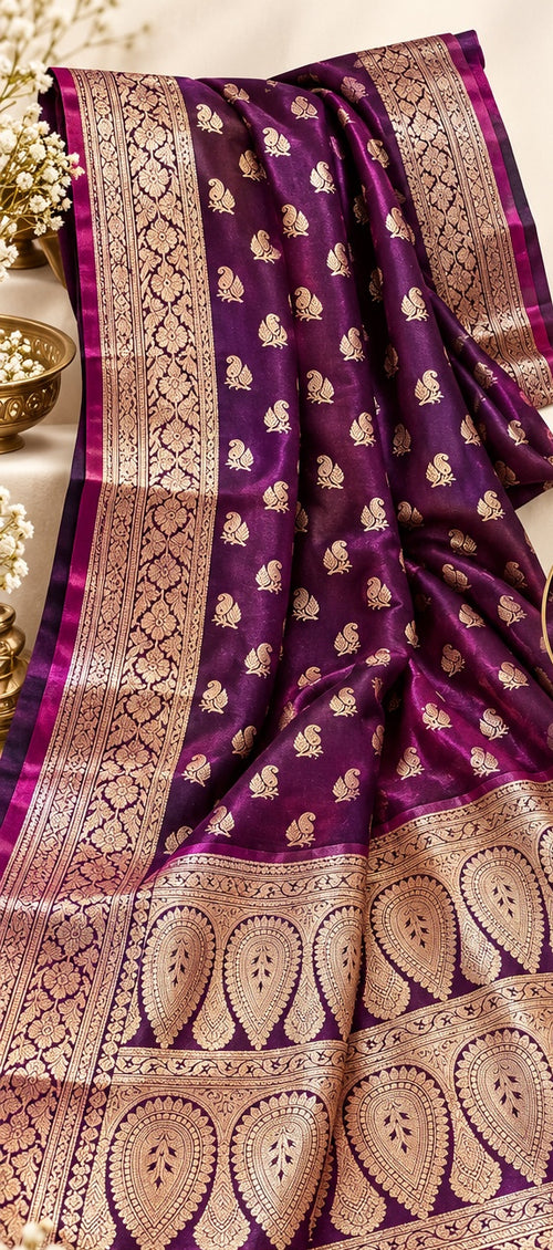 Dual Tone Wine Fancy Silk Saree – Golden Butta & Paisley Pallu