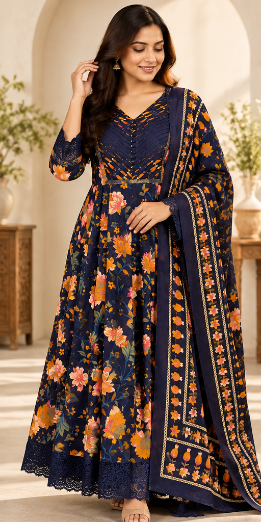 Navy Blue Floral Pure Cotton Anarkali Suit – XL