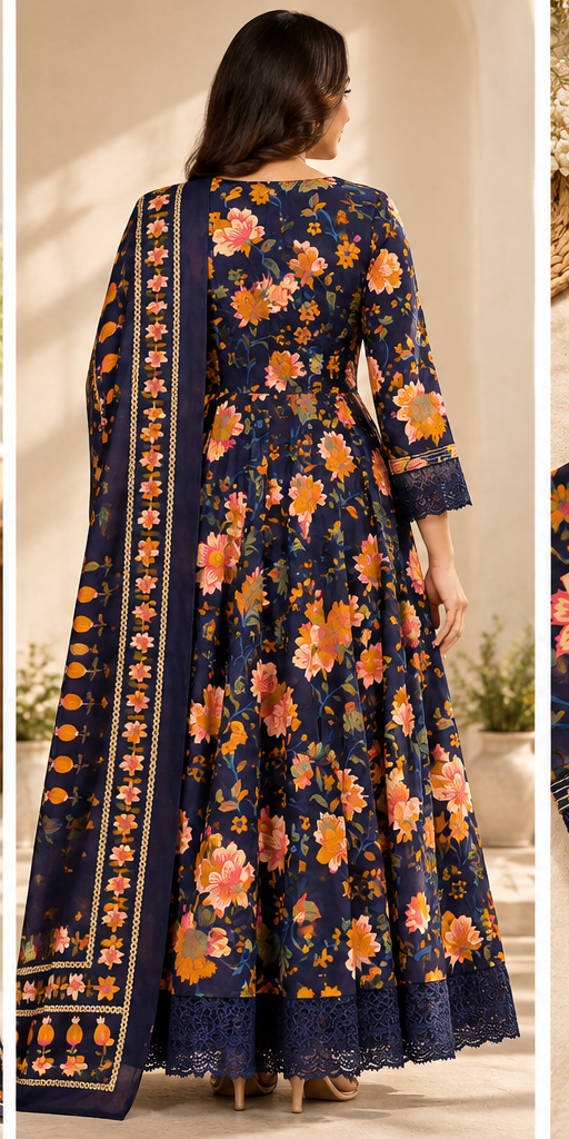 Navy Blue Floral Pure Cotton Anarkali Suit – XL