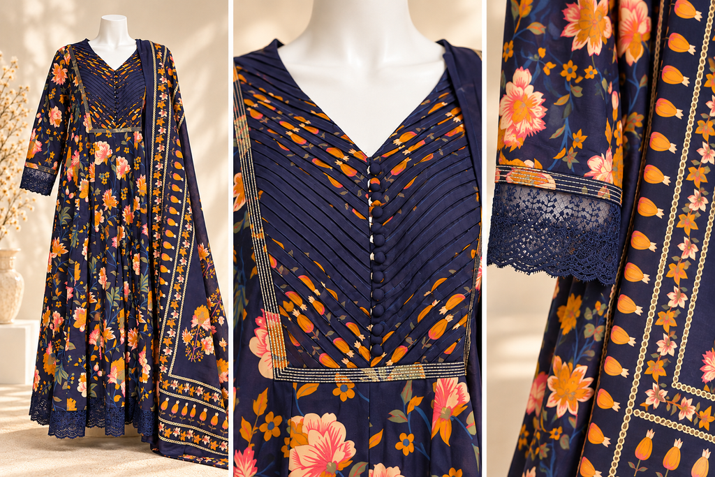 Navy Blue Floral Pure Cotton Anarkali Suit – XL