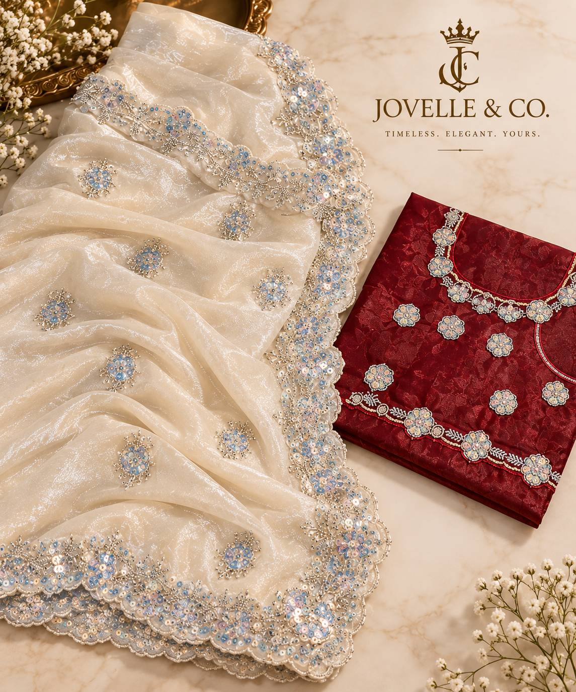 Ivory Fancy Space Silk Saree with Beadwork & Blouse Piece