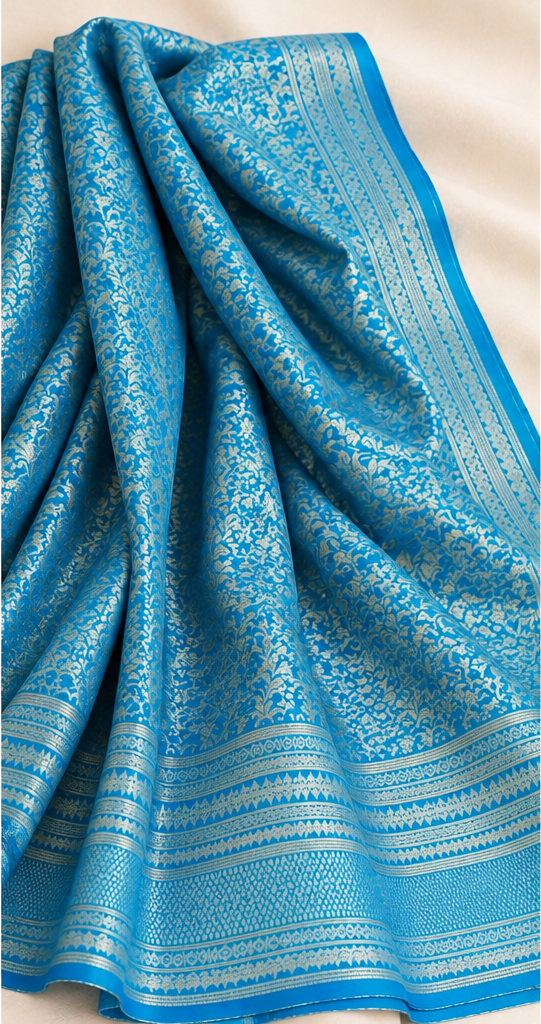 Teal Blue Semi-Silk Saree – Intricate Woven Patterns & Tasselled Pallu