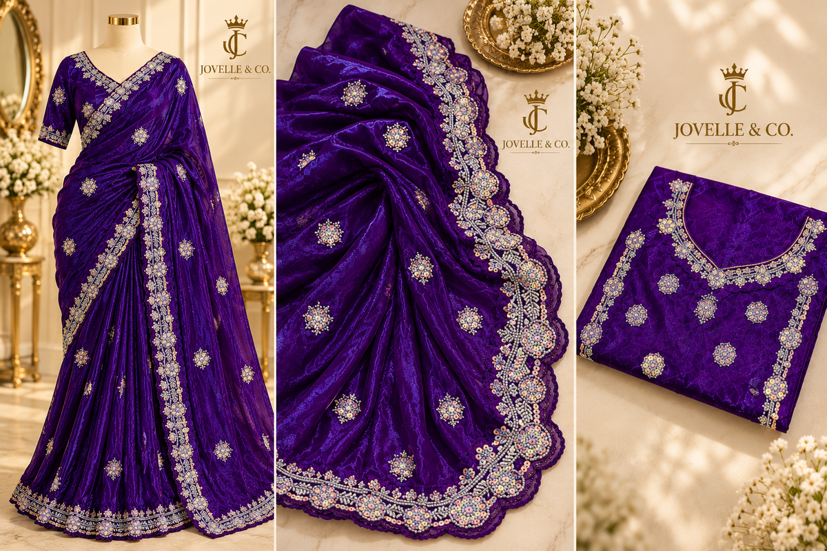 Violet Fancy Space Silk Saree with Beadwork & Blouse Piece
